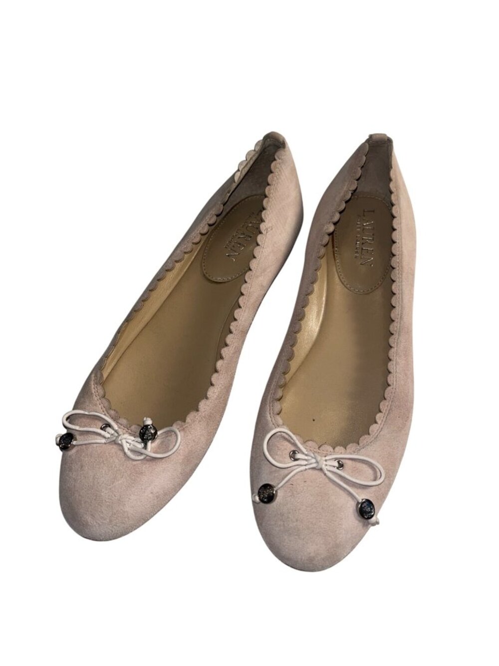 Lauren Ralph Lauren 7 blush Suede Scalloped Ballet Flats With Bow & Bead Detail